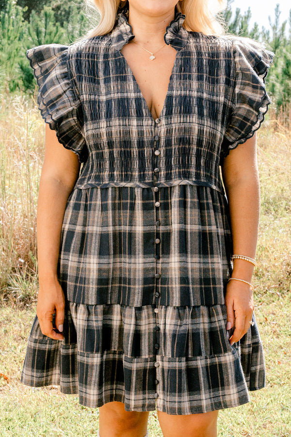 Chic Soul plus size clothing, navy plaid short flutter sleeve tiered baby doll dress with v neckline and buttons down the middle