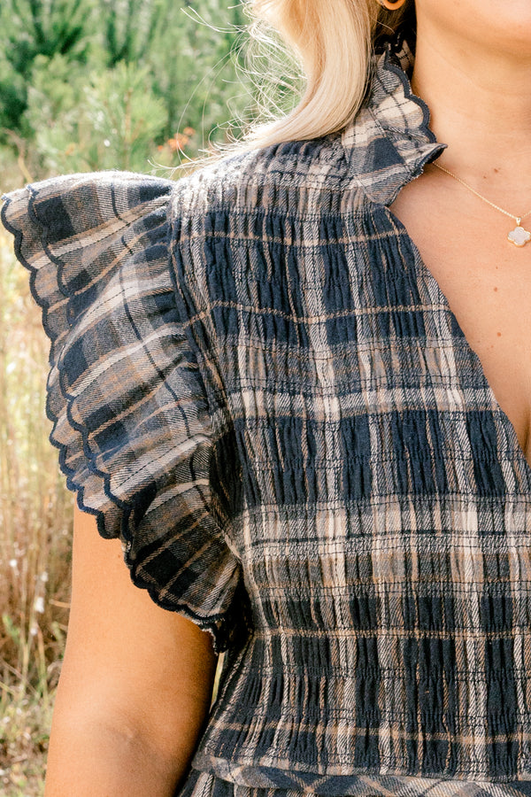 Chic Soul plus size clothing, navy plaid short flutter sleeve tiered baby doll dress with v neckline and buttons down the middle