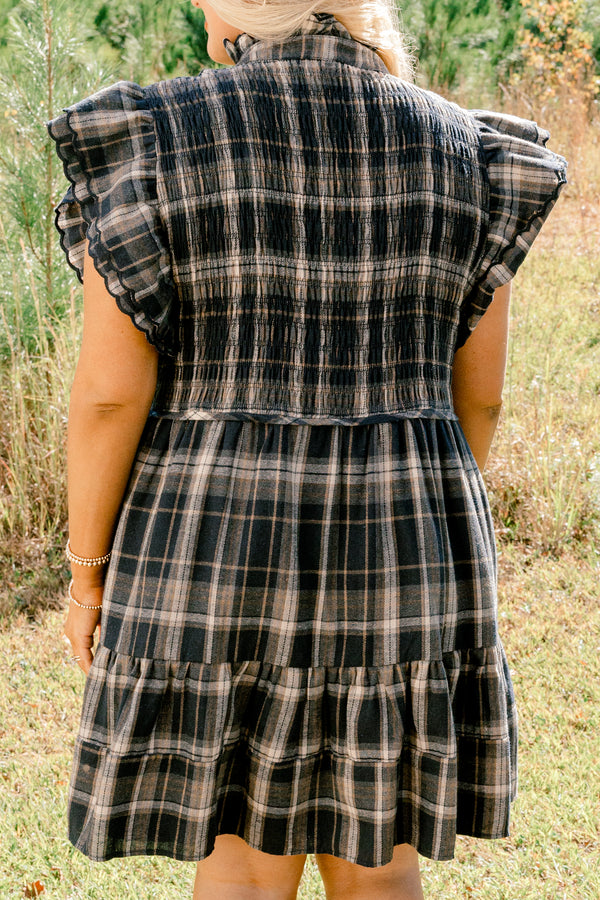 Chic Soul plus size clothing, navy plaid short flutter sleeve tiered baby doll dress with v neckline and buttons down the middle