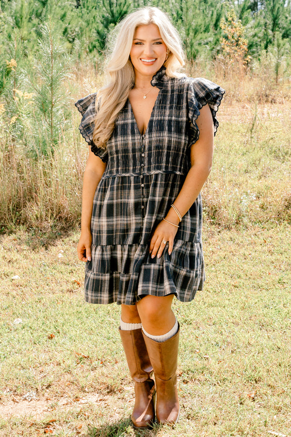 Chic Soul plus size clothing, navy plaid short flutter sleeve tiered baby doll dress with v neckline and buttons down the middle