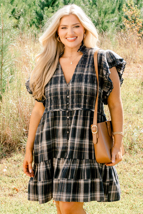 Chic Soul plus size clothing, navy plaid short flutter sleeve tiered baby doll dress with v neckline and buttons down the middle