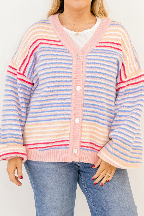 Chic Soul plus size clothing, long sleeve multi colored striped cardigan with pink edges and buttons along the front