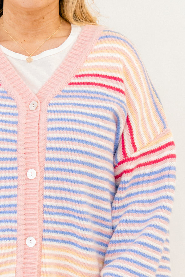 Chic Soul plus size clothing, long sleeve multi colored striped cardigan with pink edges and buttons along the front