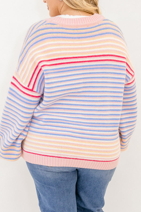 Chic Soul plus size clothing, long sleeve multi colored striped cardigan with pink edges and buttons along the front