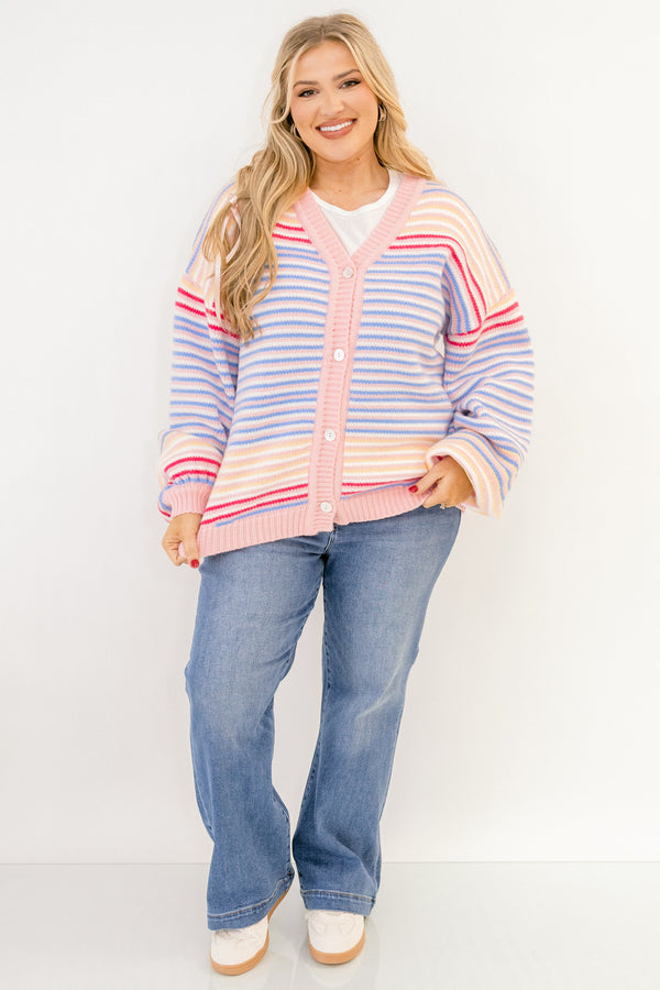Chic Soul plus size clothing, long sleeve multi colored striped cardigan with pink edges and buttons along the front