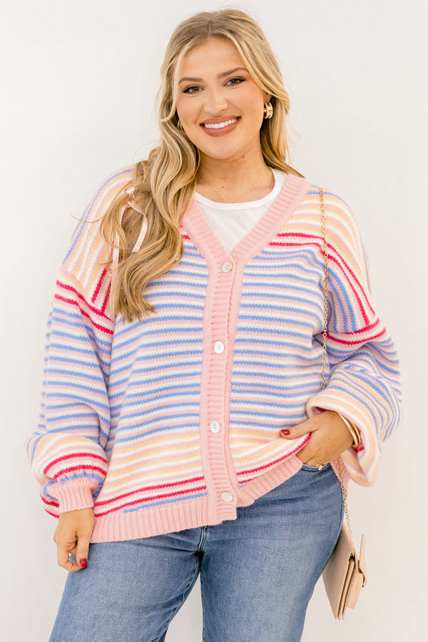 Chic Soul plus size clothing, long sleeve multi colored striped cardigan with pink edges and buttons along the front