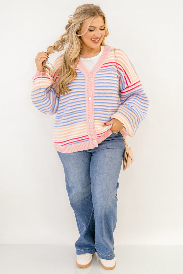 Chic Soul plus size clothing, long sleeve multi colored striped cardigan with pink edges and buttons along the front