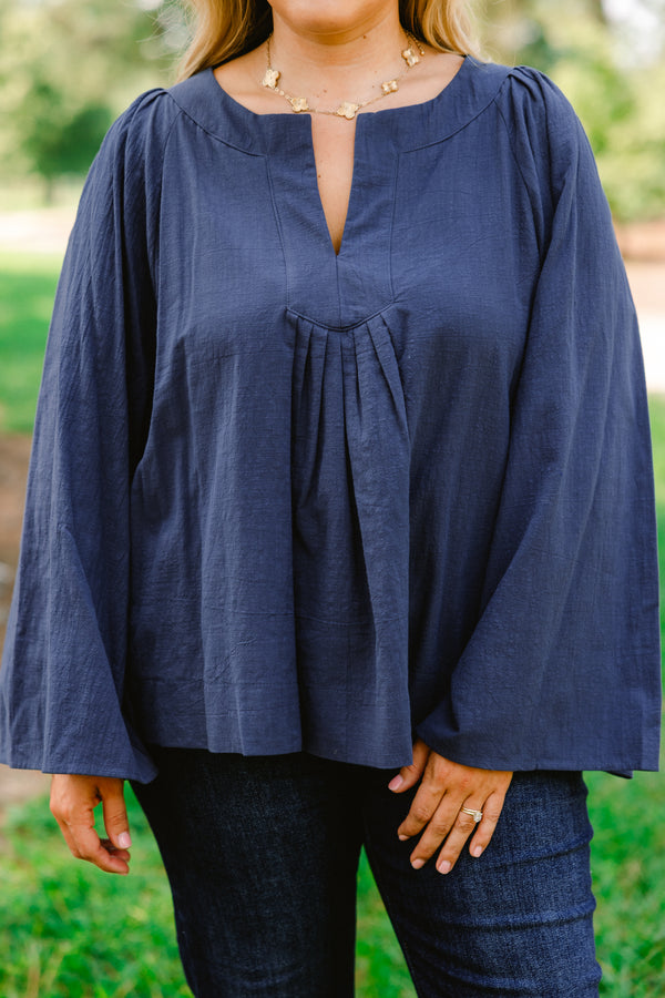 Chic Soul plus size clothing, navy blue long sleeve flowy top with v-neck