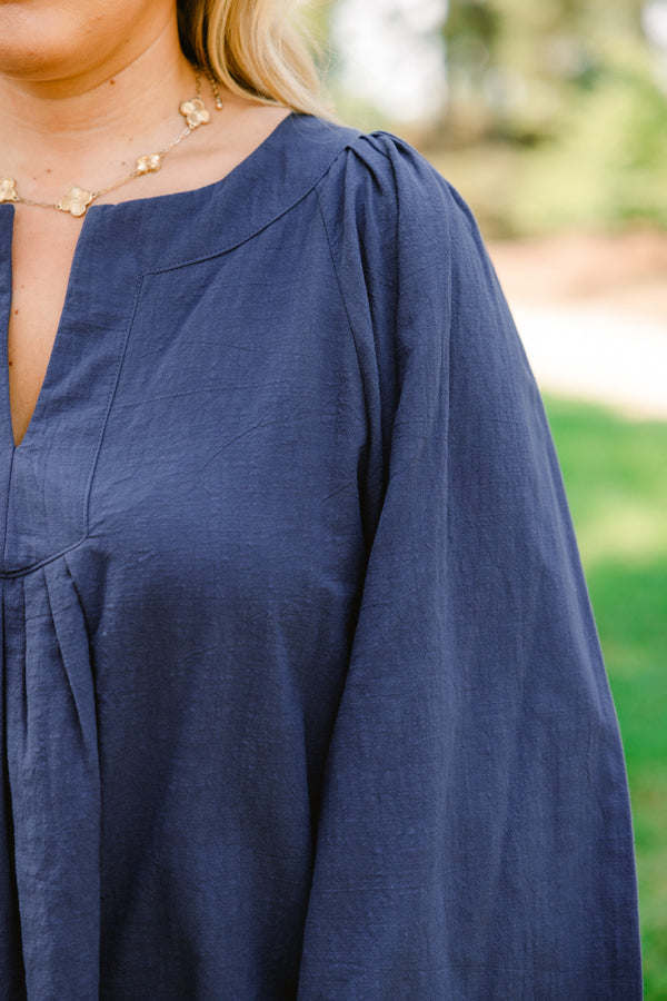 Chic Soul plus size clothing, navy blue long sleeve flowy top with v-neck
