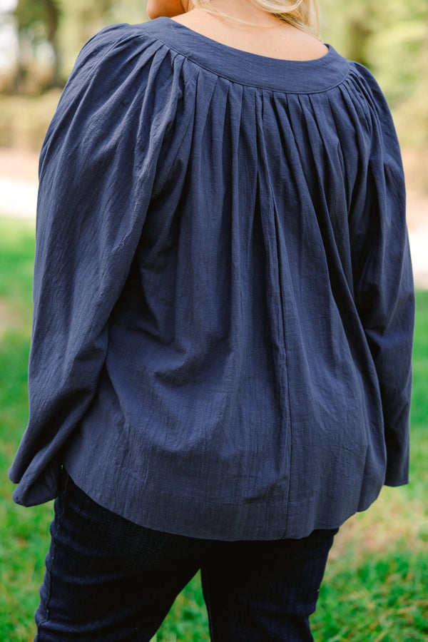 Chic Soul plus size clothing, navy blue long sleeve flowy top with v-neck
