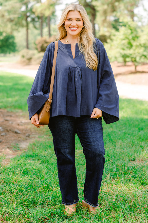 Chic Soul plus size clothing, navy blue long sleeve flowy top with v-neck
