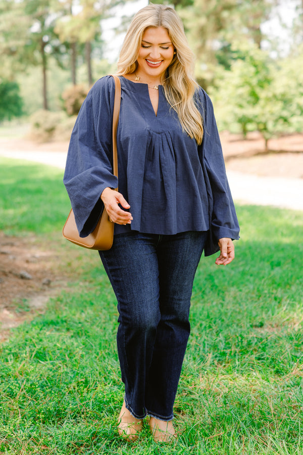 Chic Soul plus size clothing, navy blue long sleeve flowy top with v-neck
