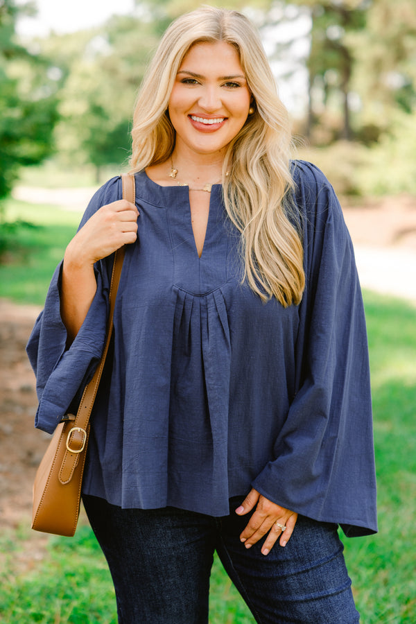 Chic Soul plus size clothing, navy blue long sleeve flowy top with v-neck
