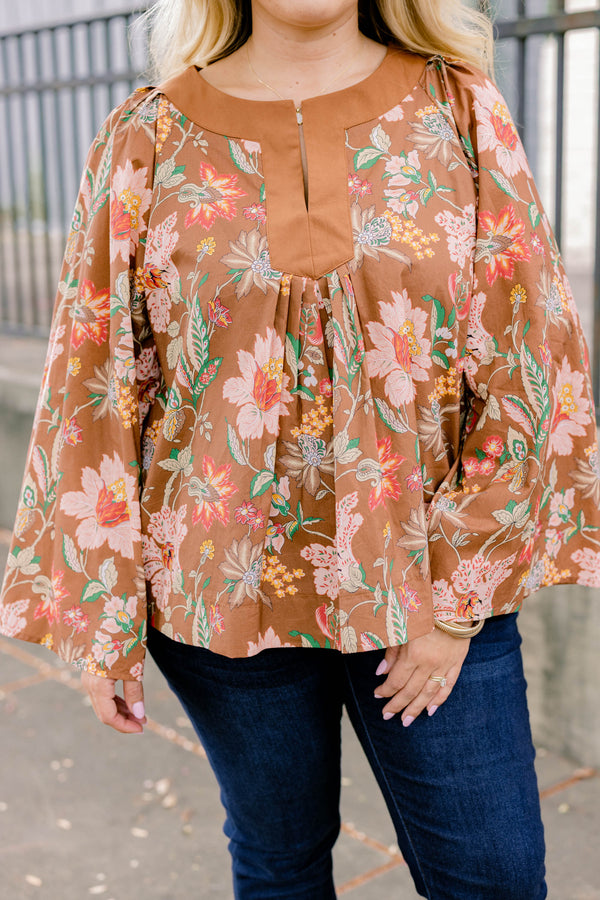 Chic Soul plus size clothing, brown and multi color floral long bell sleeve top 