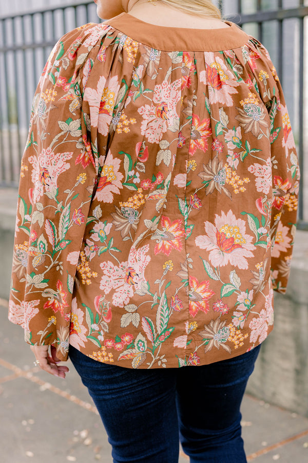 Chic Soul plus size clothing, brown and multi color floral long bell sleeve top 