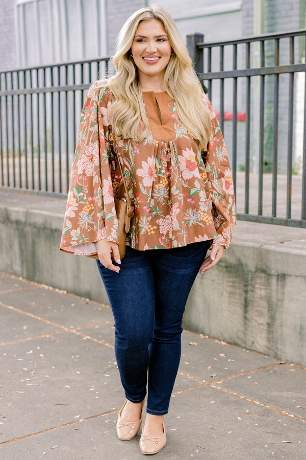 Chic Soul plus size clothing, brown and multi color floral long bell sleeve top 