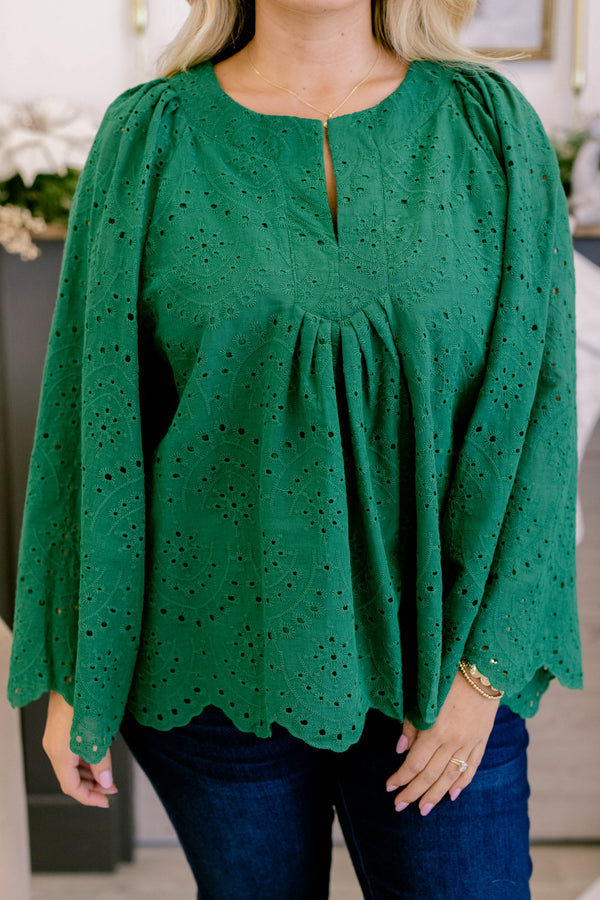 Chic Soul plus size clothing, green long bell sleeve top with lace eyelet detailing