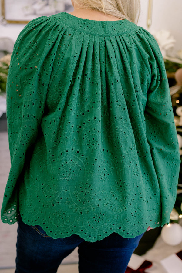 Chic Soul plus size clothing, green long bell sleeve top with lace eyelet detailing