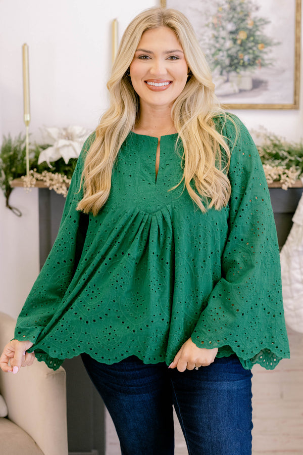 Chic Soul plus size clothing, green long bell sleeve top with lace eyelet detailing