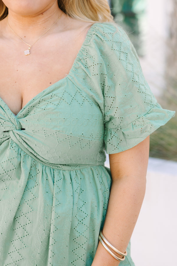 Chic Soul plus size clothing, sage top with a sweetheart neckline and short sleeves that have a ruffle detail at the end of each sleeve 