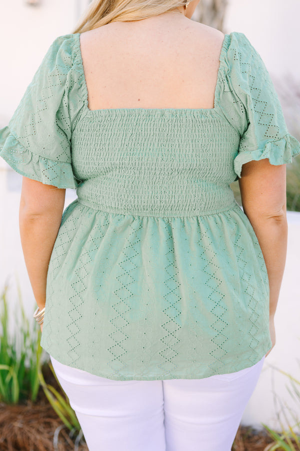 Chic Soul plus size clothing, sage top with a sweetheart neckline and short sleeves that have a ruffle detail at the end of each sleeve 