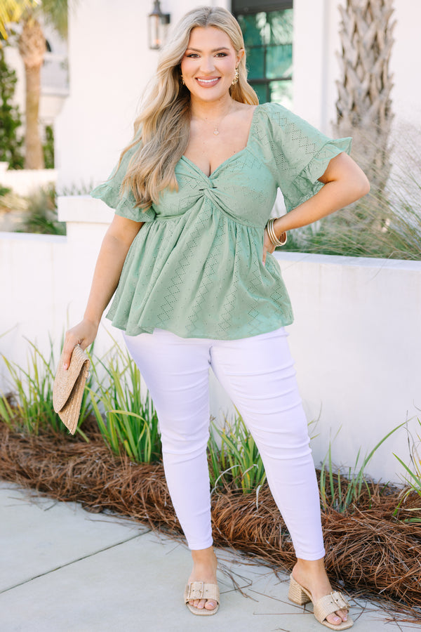 Chic Soul plus size clothing, sage top with a sweetheart neckline and short sleeves that have a ruffle detail at the end of each sleeve 