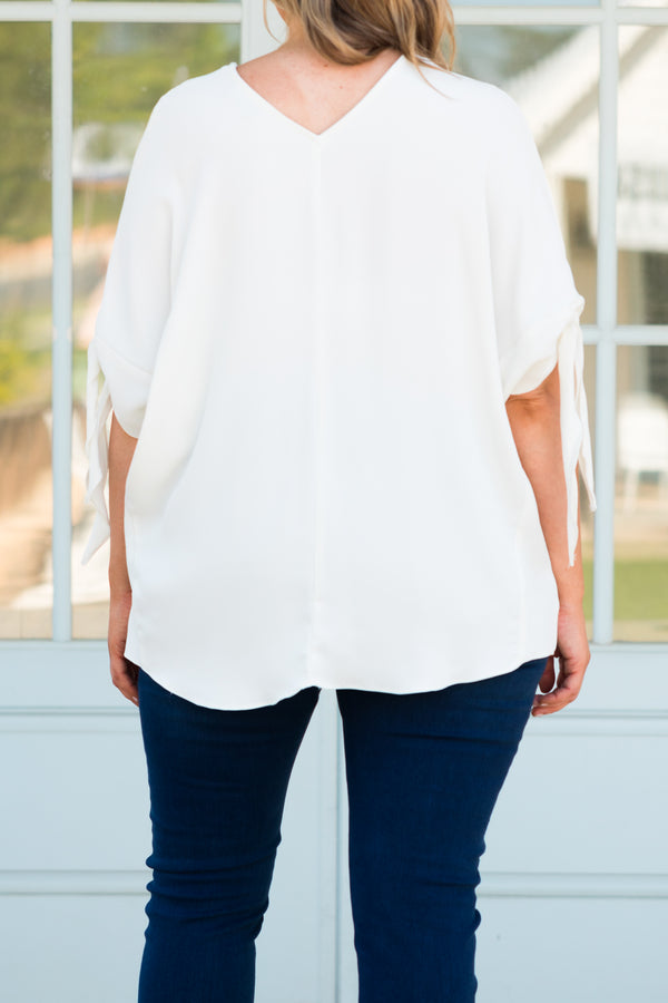 Chic Soul plus size clothing, cream flowy blouse with knotted sleeves detailing