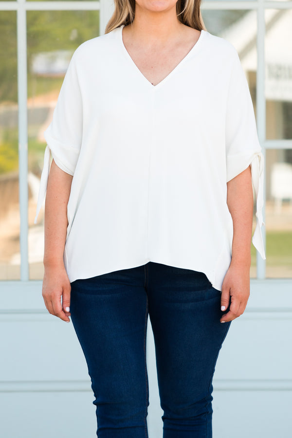 Chic Soul plus size clothing, cream flowy blouse with knotted sleeves detailing