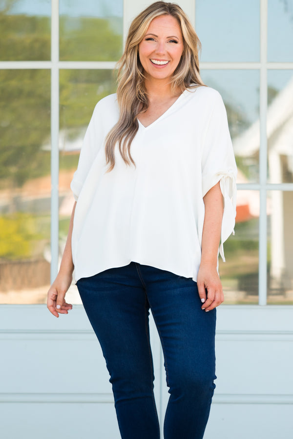 Chic Soul plus size clothing, cream flowy blouse with knotted sleeves detailing