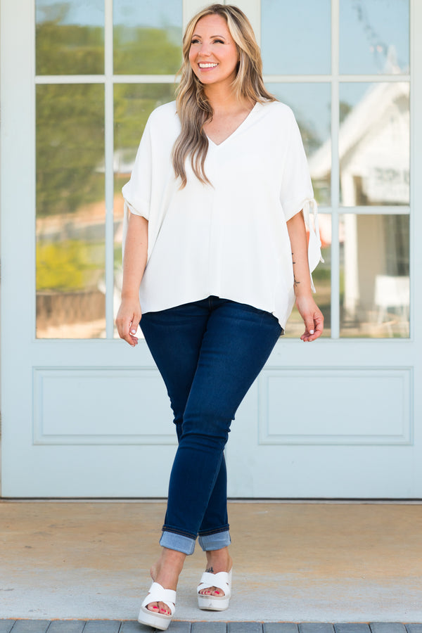 Chic Soul plus size clothing, cream flowy blouse with knotted sleeves detailing