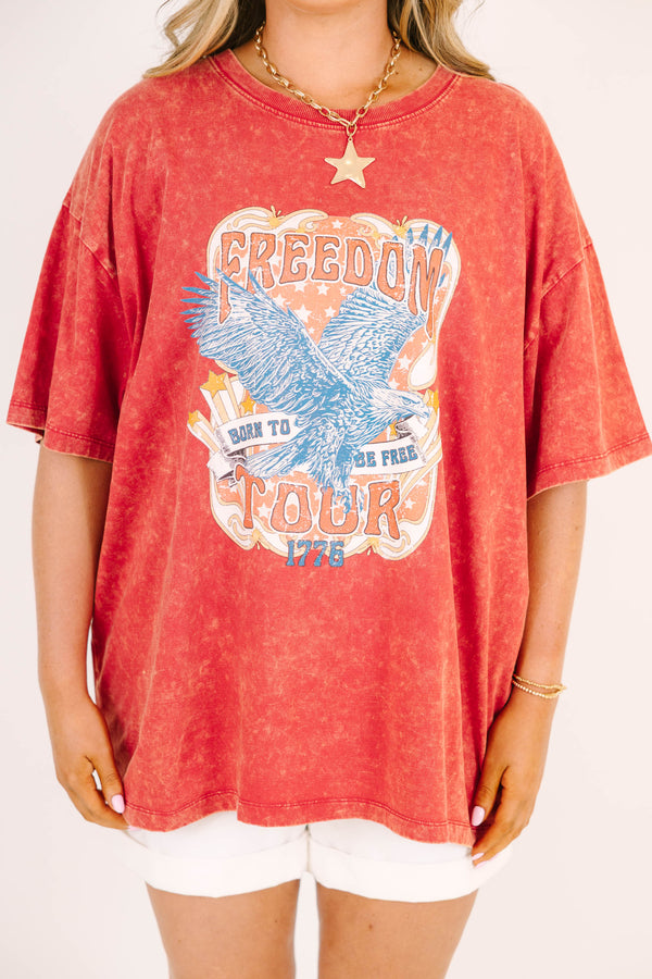 dark red acid wash relaxed tee with freedom tour graphic