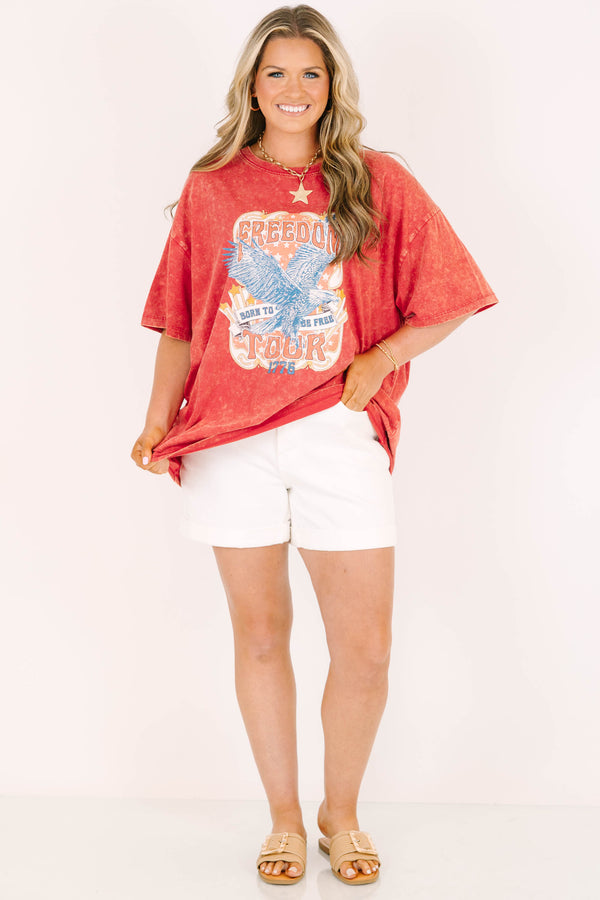 dark red acid wash relaxed tee with freedom tour graphic