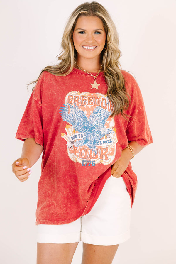 dark red acid wash relaxed tee with freedom tour graphic