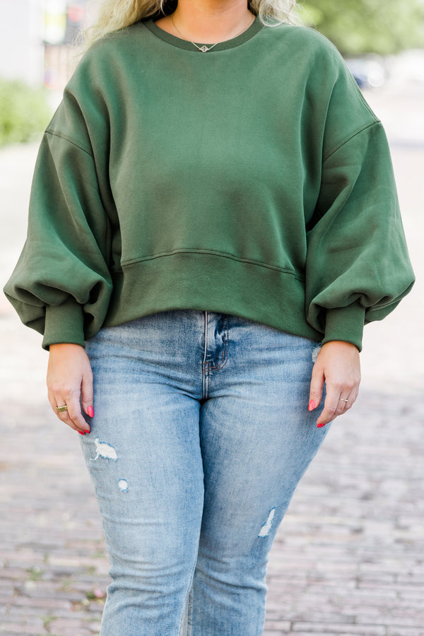 Chic Soul plus size clothing, hunter green cropped long sleeve pullover