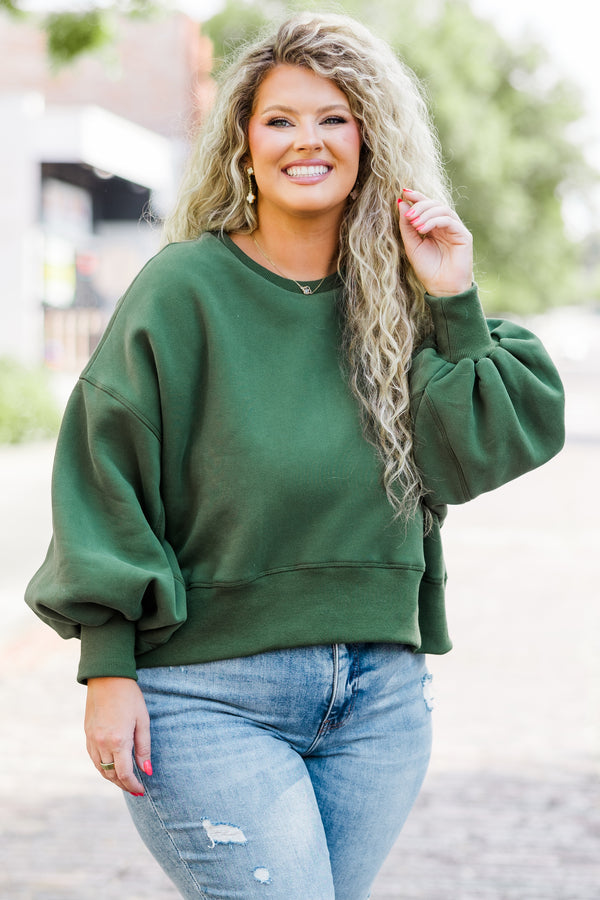 Chic Soul plus size clothing, hunter green cropped long sleeve pullover
