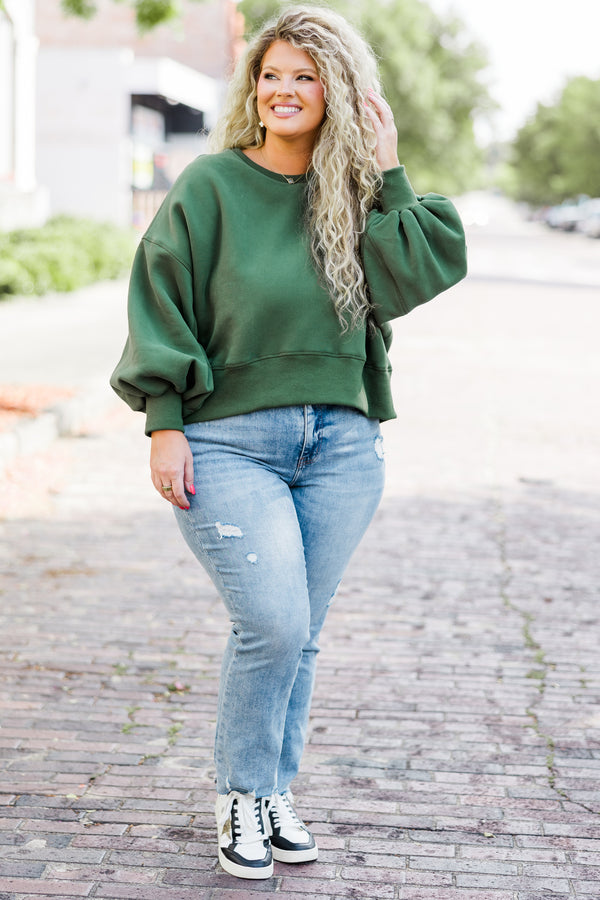 Chic Soul plus size clothing, hunter green cropped long sleeve pullover