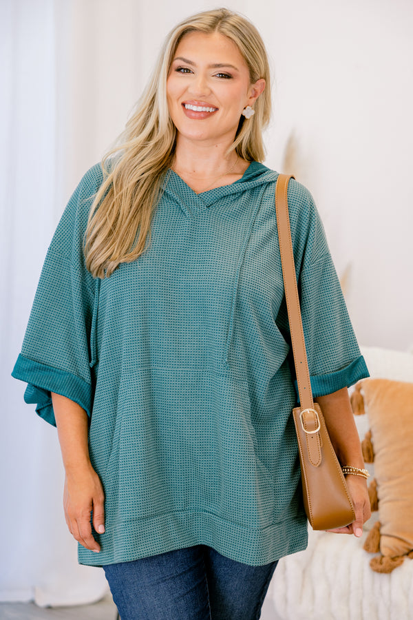 Chic Soul plus size clothing, green top with half sleeves that have cuffs at the end of each sleeve and a waffle knit texture throughout 