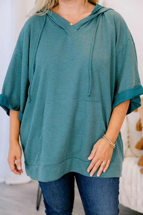 Chic Soul plus size clothing, green top with half sleeves that have cuffs at the end of each sleeve and a waffle knit texture throughout 