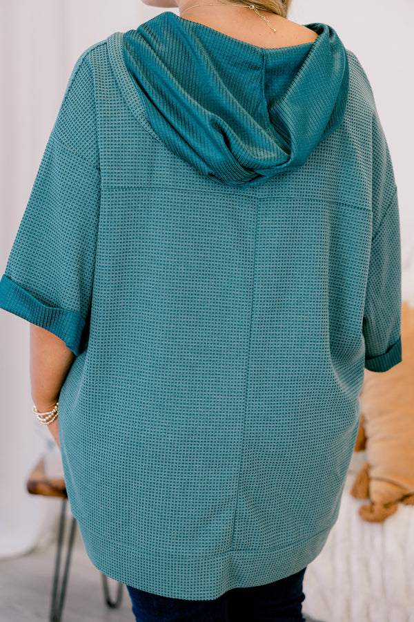 Chic Soul plus size clothing, green top with half sleeves that have cuffs at the end of each sleeve and a waffle knit texture throughout 