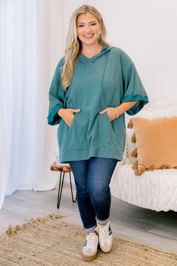 Chic Soul plus size clothing, green top with half sleeves that have cuffs at the end of each sleeve and a waffle knit texture throughout 