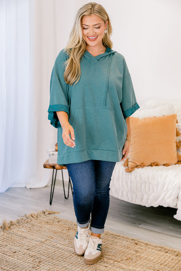 Chic Soul plus size clothing, green top with half sleeves that have cuffs at the end of each sleeve and a waffle knit texture throughout 