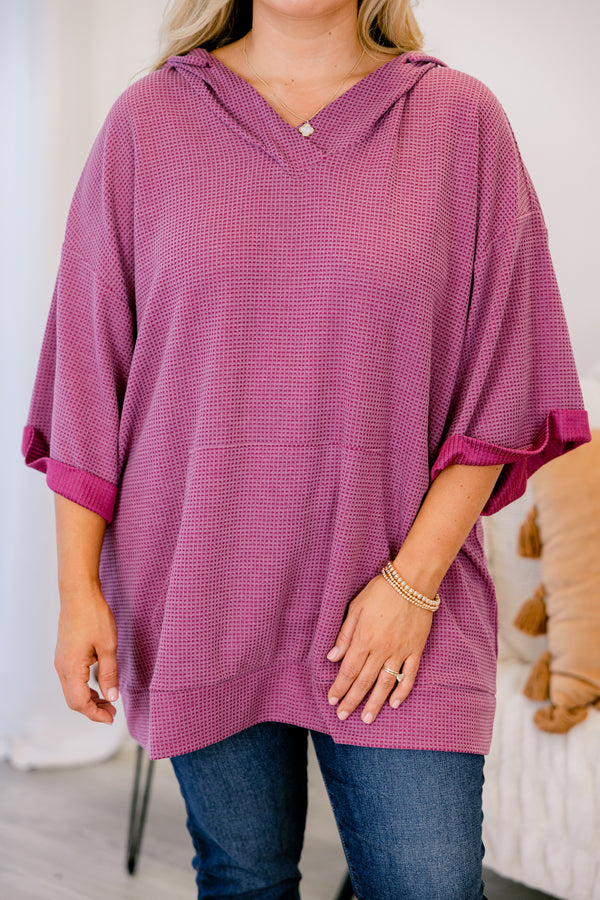 Chic Soul plus size clothing, magenta 3/4 sleeve hooded waffle knit top