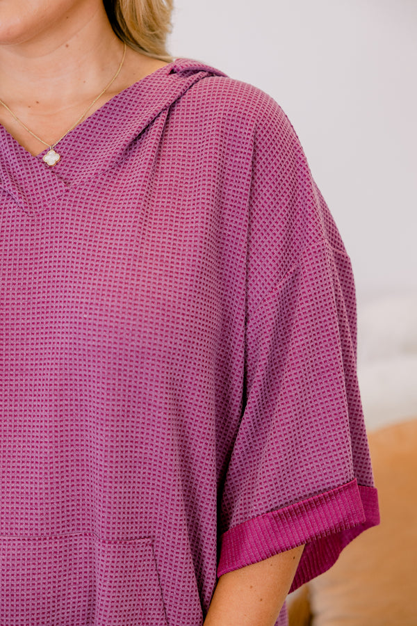 Chic Soul plus size clothing, magenta 3/4 sleeve hooded waffle knit top