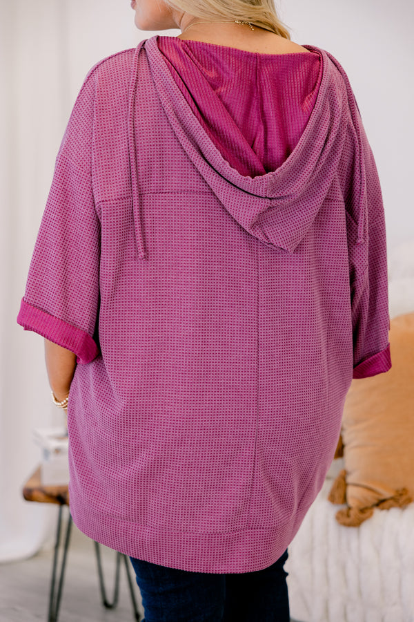 Chic Soul plus size clothing, magenta 3/4 sleeve hooded waffle knit top
