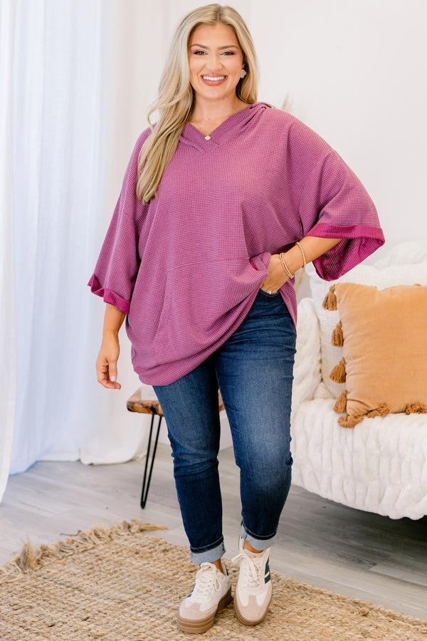 Chic Soul plus size clothing, magenta 3/4 sleeve hooded waffle knit top