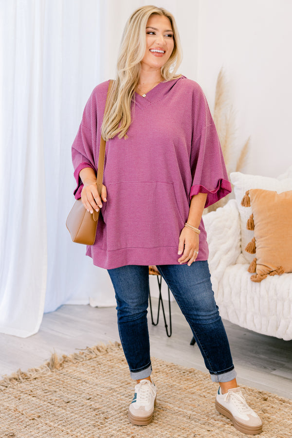 Chic Soul plus size clothing, magenta 3/4 sleeve hooded waffle knit top