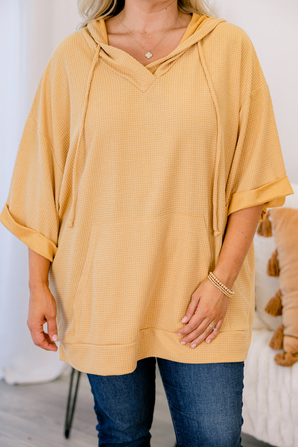 Chic Soul plus size clothing, marigold top with half sleeves that have a cuff at the end of the sleeves as well as a slight v-neckline 