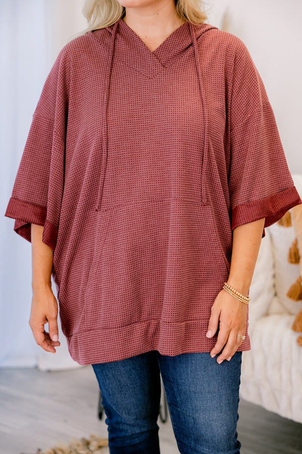 Chic Soul plus size clothing, wine purple half sleeve top with drawstrings and a hood and a large front pocket
