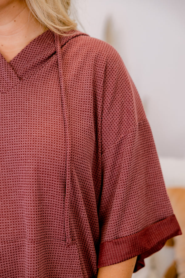 Chic Soul plus size clothing, wine purple half sleeve top with drawstrings and a hood and a large front pocket