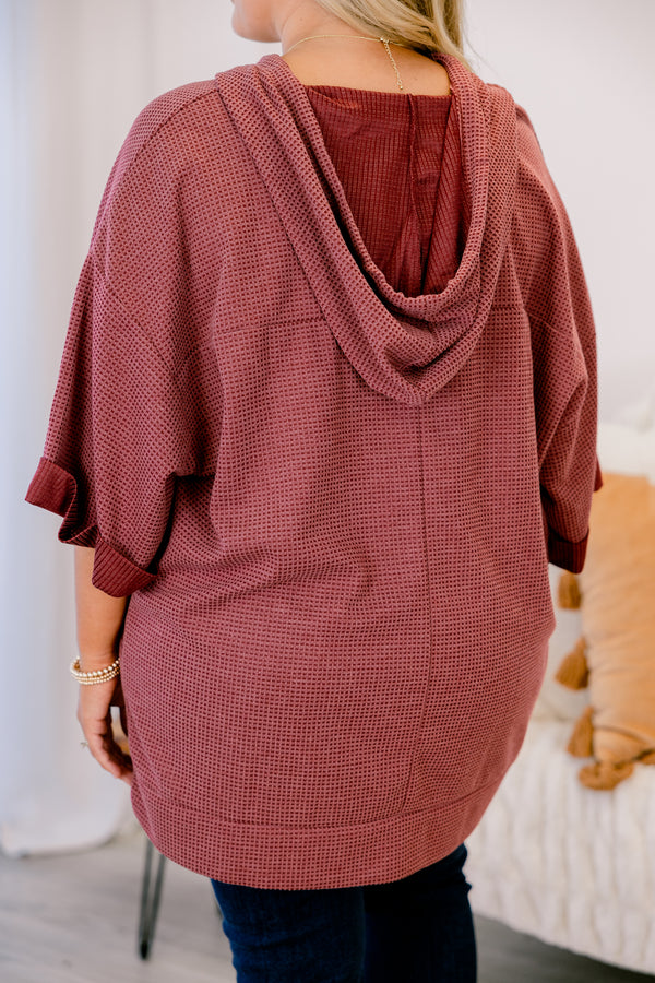 Chic Soul plus size clothing, wine purple half sleeve top with drawstrings and a hood and a large front pocket